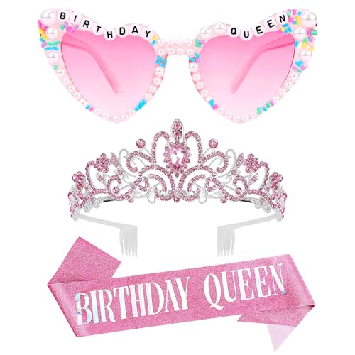 VELSCRUN Pink Birthday Queen Glasses, Birthday Queen Sash Tiara Crown