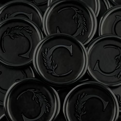 25Pcs Black Wax Seal Stickers Handmade Vintage Botanical Leaves Adhesive Letter Wax Stickers for Wedding Party Invitations, Envelope, Gift Wrap, Christmas(Initial C, Black)