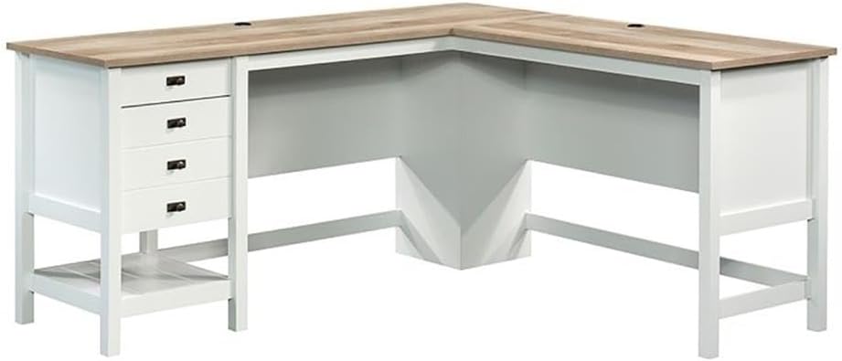 Pemberly Row L-Shaped Engineered Wood Home Office Desk, Soft White and Lintel Oak Finish, 65 in Wide, Spacious Work Surface with Storage Drawers and Shelf, Cord Management, Versatile Placement
