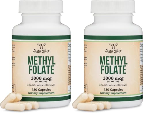 Methylfolate 1,000mcg, 120 Capsules (Third Party Tested Methyl Folate Supplement) Methylated Folate is a More Active Form of Folate Than Folic Acid (Non-GMO, Vegan Safe) by Double Wood (Pack of 2)