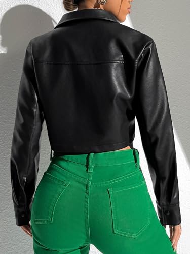 Verdusa Women's Button Up Long Sleeve PU Leather Crop Jacket Outerwear with Pockets2