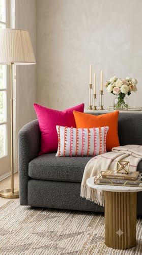 Image of Preppy Pom Pom Cushion Cover, Pink Orange White Decorative Throw Pillow Cover, Colorful Dorm Room Decor, Sorority Style Accent Pillow for Bedroom, College Apartment Preppy Cushions
