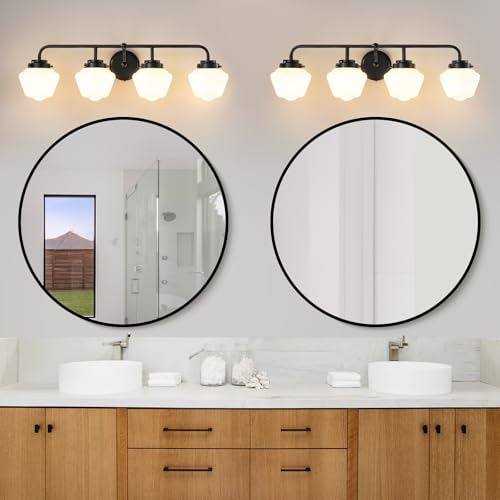 RUIYEY Bathroom Vanity Light Fixtures: 4-Light Matte Black Bathroom Lighting Fixtures Over Mirrors, Farmhouse Rustic Wall Sconce with Milky White Glass for Bath Living Room Cabinet by RUIYEY - Used condition - Image 7