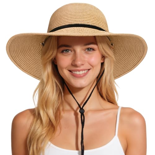 Senker Fashion Sun Hats for Women, Wind Lanyard Wide Brim