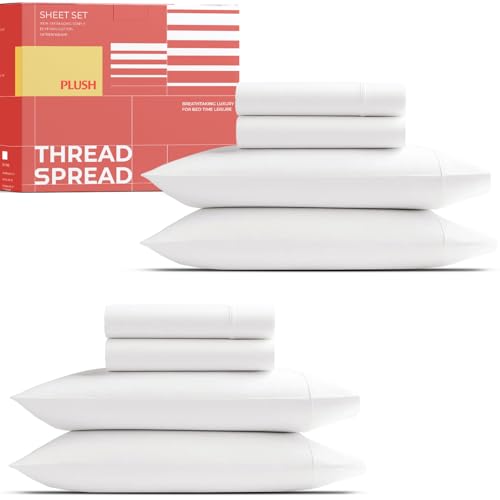 Image of THREAD SPREAD 100% Egyptian Cotton Queen Size Sheet Set Pack of 2 - Luxury 1200 Series Plush Collection Egyptian Cotton Sheets Queen Size Silky Soft Cooling, Sateen 17 inch Deep Pocket Bedsheets - White