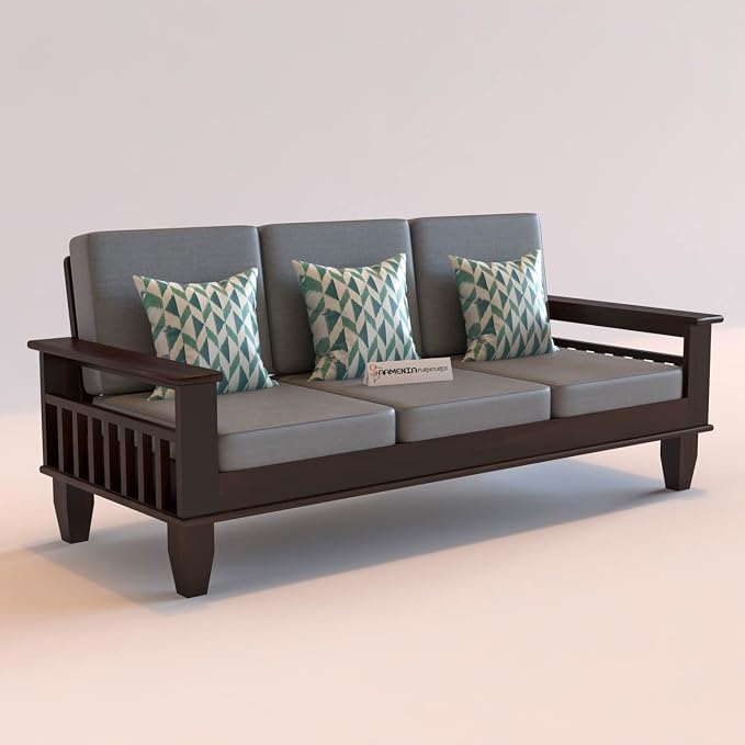 Image of Sheesham Wooden 3 Seater Sofa for Living Room | Rosewood 3 Seater Cushion Sofa with Side Newspaper Holder for Home & Office | Solid Wood Sofa Set for Lounge (Walnut Finish)