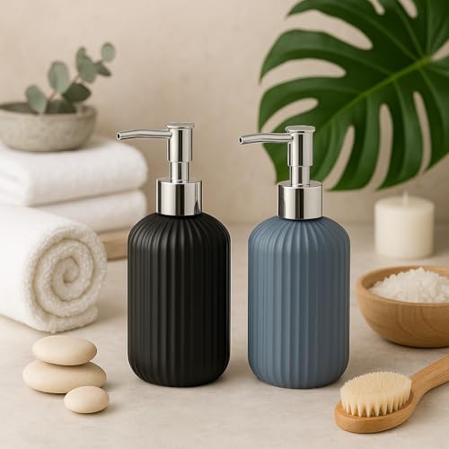 Image of LAGET 300ml Soap Dispenser for Wash Basin -Ribbed Design | Kitchen and Bathroom Accessories Items | Liquid Handwash Dispenser Bottle Chrome Finsih Top- Set of 2 (Black and Metallic Blue)