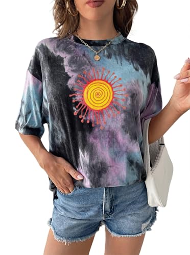 Image of Remidoo Women's Casual Oversized T Shirt Short Sleeve Graphic Tee Letter Tie Dye Shirts