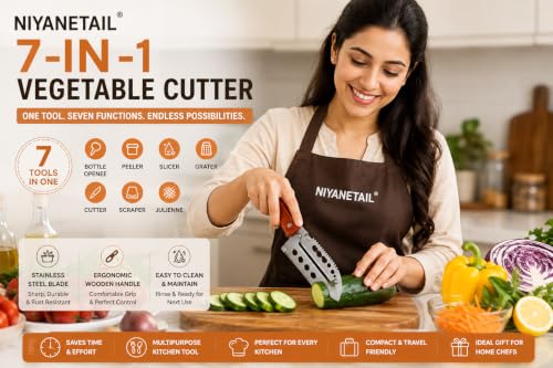 Image of Stainless Steel Vegetable Peeler with Wooden Handle & Bottle Opener | Sharp Single Blade Peeler for Fruits & Vegetables (7 in 1 Vegetable Peeler)