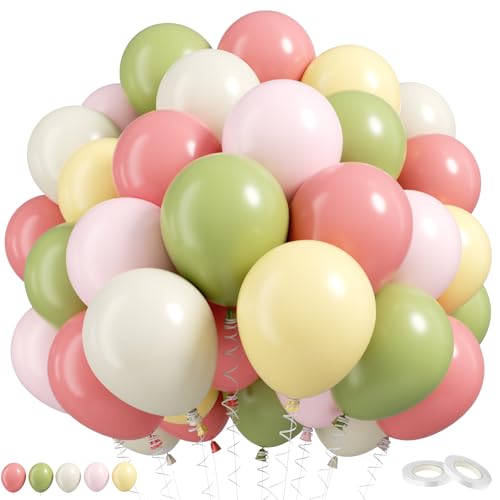 Image of Pink and Green Balloons, 60 Pcs 12 Inch Dusty Green Dusty Pink Ivory White Soft Yellow Latex Balloons for Baby Shower Birthday Gender Reveal Party Decorations