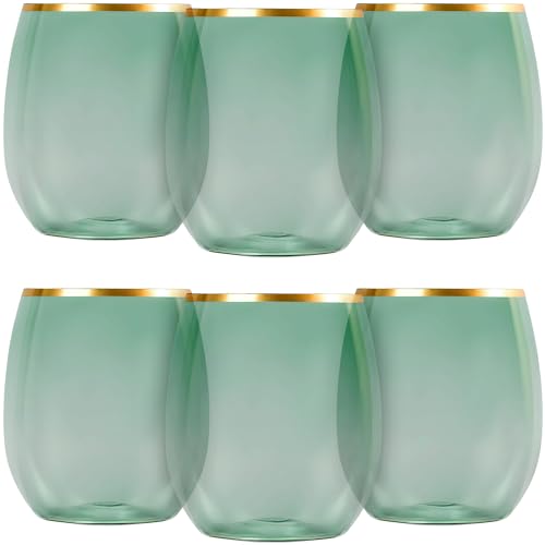 Elegant Stemless Green Wine Goblets With Gold Rim...