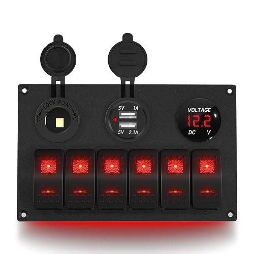 DAIERTEK 6 Gang Rocker Switch Panel 12V Marine Switch Panel Waterproof Red LED 5 Pin Marine Rocker Switch Panel with USB Cigarette Lighter Socket Voltmeter for Boat Automotive Car