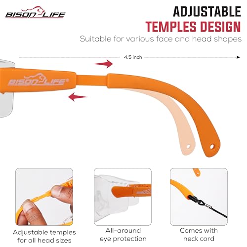 Image of BISON LIFE Vison Safe, BoxerX Safety Glasses Adjustable Angle Temples, Frameless Anti-scratch and Anti-fog Clear Lens Orange Temple - Pack of 1
