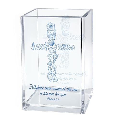 Image of Mightier Than Waves Of The Sea Acrylic Pen Holder Makeup Organizer | Funny Seashells Christian Pencil Pen Holder for Desk, Sea Bible Verse Desk Accessories, Religious Baptism Gifts for Women Men