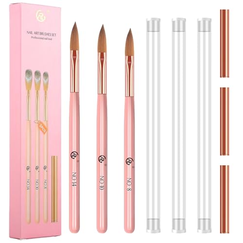 Kolinsky - Juego de 3 Pinceles Acrílicos para Uñas, Tamaño 8/10/14, Mango de Madera Rosa, Kit de Herramientas en Polvo Acrílico para Arte y Extensiones