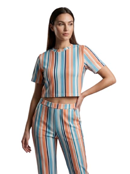 Women's Striped Crop Top and Pants Co-ord Set, Casual Sporty Style, Short Sleeve, Slim Fit, Lightweight Stretch Fabric-image-24