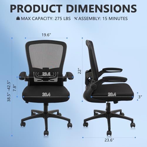 KLASIKA Desk Chairs with Wheels, Ergonomic Mesh Office Chair Adjustable Height and Swivel Lumbar Support Home Office Chair with Flip Up Armrests (1PK) - Thumbnail 3