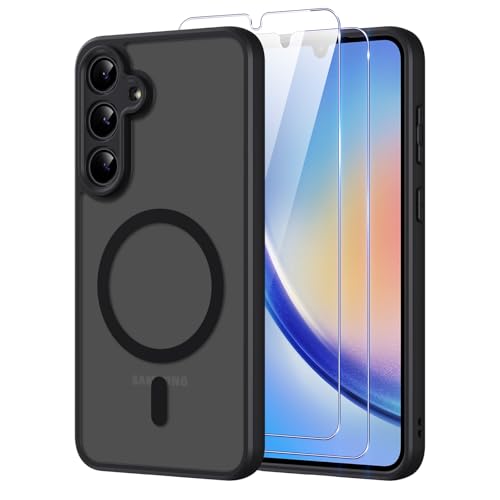Pnakqil Magnetisch für Samsung Galaxy A34 5G Hülle für Magsafe Matt Transluzente Handyhülle für Samsung Galaxy A34 5G mit 2 Panzer Schutz Glas PC Härte Kratzfest Matte Dünn Magnetische Case Schwarz