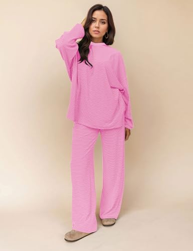 Image of MISSACTIVER Women's 2 Piece Striped Lounge Set Long Sleeve Oversized T-Shirt Wide Leg Pants Matching Pajamas Set