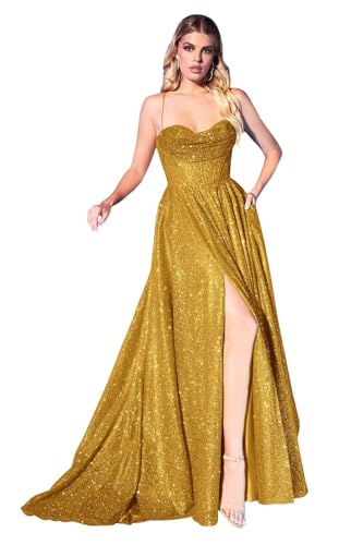 Tsbridal Sparkly Sequin Prom Dresses Spaghetti Straps Long Formal Gowns A-Line Wedding Party Dress with Pockets