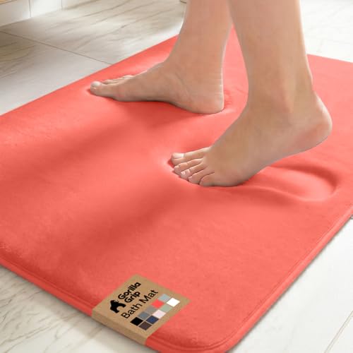 Image of GORILLA GRIP Memory Foam Bath Mat, Soft Absorbent Velvet Bathroom Mats, Durable Dots on Underside, Machine Washable Bathmat, Carpet Rug Room Decor for Shower Tub Floor RV, 24x17 Rugs, Coral