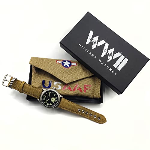 WTI WORLD TIME INTERNATIONAL WW2 Military Watch - Vintage USAAF Bombardier, Swiss-Quartz Movement with Genuine Leather Strap and 10 ATM Water Resistant. The Perfect WW2 Memorabilia. Black