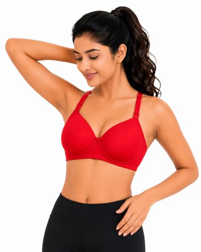 Image of Women's Cotton Rich Padded Wire-Free Everyday Bra, Seamless Self-Stripe Full Coverage T-Shirt Bra (Red)