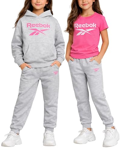 Reebok Girls 3 Piece Sportswear Set Stylish Graphic T-Shirt Fleece Pullover Hoodie and Jogging Bottoms (Size 4-12) Light Grey Heather 2, 12, Light Grey Heather 2, 12