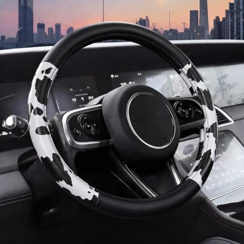 Image of AUTOFAN Cow Print Car Seat Covers Full Set, PU Leather Interior Combo with 2 Front Seat Covers, 4 Floor Mats, Steering Wheel Cover, Seat Belt Pads & Cup Holder Coasters, Universal Fit