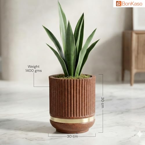 Image of BonKaso 14 Inch Tower Plant Pot for Indoor & Outdoor | Modern Lightweight Polymer Planter | Weather, UV & Frost Resistant | Ideal for Living Room, Balcony, Office & Nursery (Antique Brown)