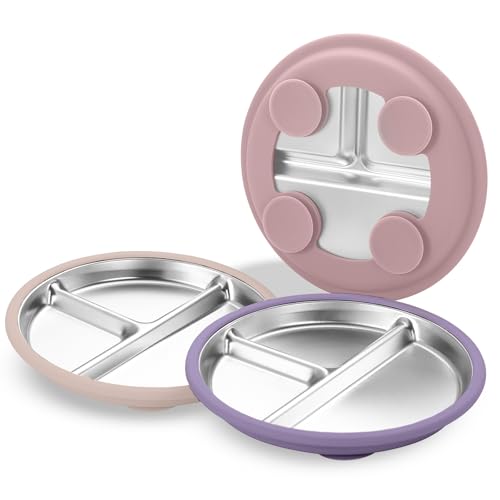 Image of SPMKTQK 3Pack Stainless Steel Kids Plates, 8.1" Divided Kids Plate with Removable Silicone Suction Sleeves for Baby Highchairs, Non Toxic BPA Free Non-Slip Unbreakable Snack Lunch Plates