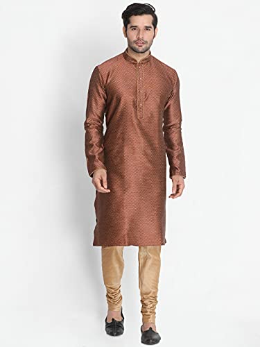 Image of VASTRAMAY VM Mens Silk Blend Kurta - Timeless Elegance for Festivals & Events | Banarasi Cotton with Silk Dobby Jacquard Mandarin Collar Full Sleeves Kurta with a Contrast Piping