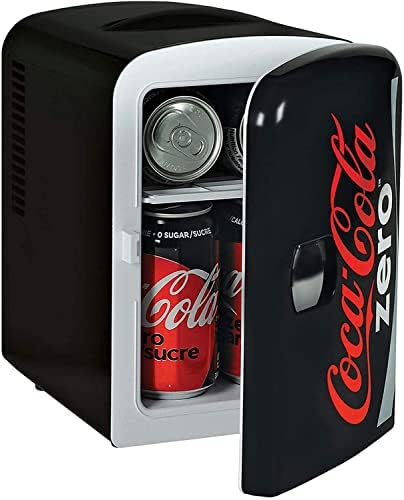Coca-Cola Zero Portable 6 Can Thermoelectric Mini Fridge Cooler/Warmer, 4 L/4.2 qt, Black, 12V DC/110V AC for home, dorm, car, boat, beverages, snacks, skincare, cosmetics, medication