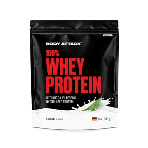 Body Attack 100% Whey Protein Natural - 900 g - Made in Germany - Extra cremiges Eiweißpulver mit Hydrolysat & BCAA´s, unterstützt Muskelaufbau und Diäten - Für Sportler & Athleten