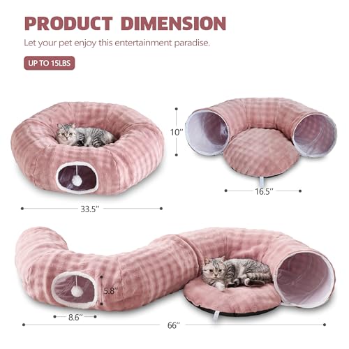 Image of Bubble Cat Tunnel for Indoor Cats, Round Peekaboo Cave Toy with Dangling Balls, Donut Tunnel Bed with Circle Mat for Puppy Kitten Rabbit, Dusty Pink