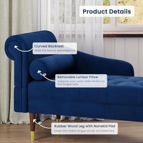 Vesgantti Velvet Chaiselongue, Indoor Lounge Sofa mit linker Armlehne und Lendenkissen, Recamiere für Wohnzimmer, Schlafzimmer und Büro, Samt Loungesessel 149.5 x 54 x 76CM
