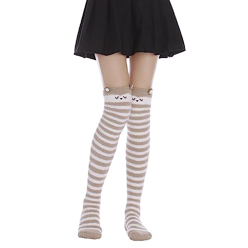 Image of Thigh High Fuzzy Socks Cute Animal Coral Fleece Over the Knee Thigh High Long Stockings Warm Stripe