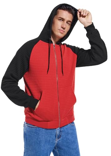 Men's Waffle Hoodie Full Zip Lightweight Jacket Plaid Long Sleeve Hooded Sweatshirt Hoodies with Kangaroo Pocket4