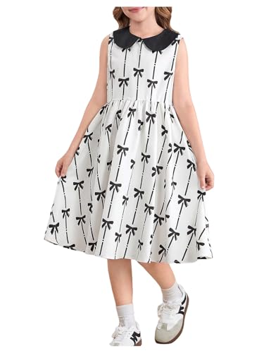 Floerns Girl's Kids Clothes Bowknot Print Sleeveless Collared Ruffle Hem Summer A Line Dress