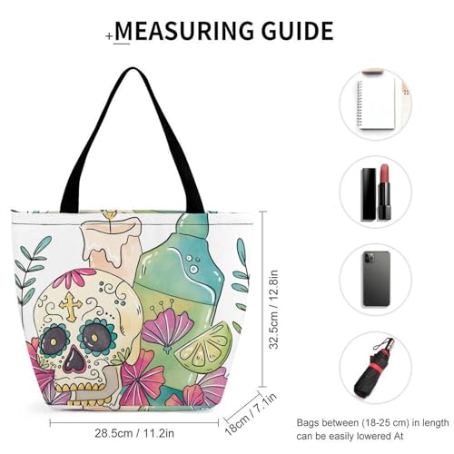 Sac à bandoulière crâne fleur grand sac de shopping pour femme format voyage