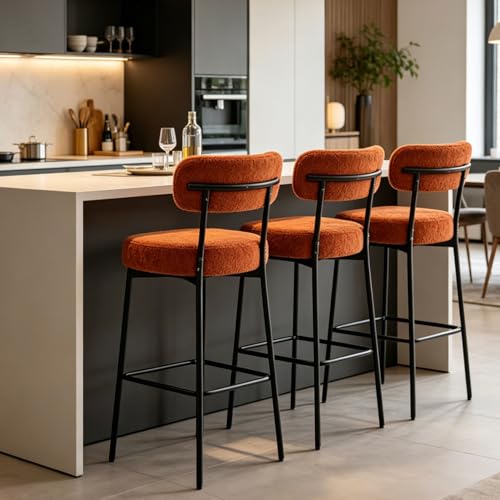 Image of Bar Stools, 30 inch Tall Bar Stools Set of 3, Boucle Upholstered Counter Height Bar Stools, Modern Bar Chairs Metal Frame with Back and Footrest for Kitchen Island,Orange Barstools