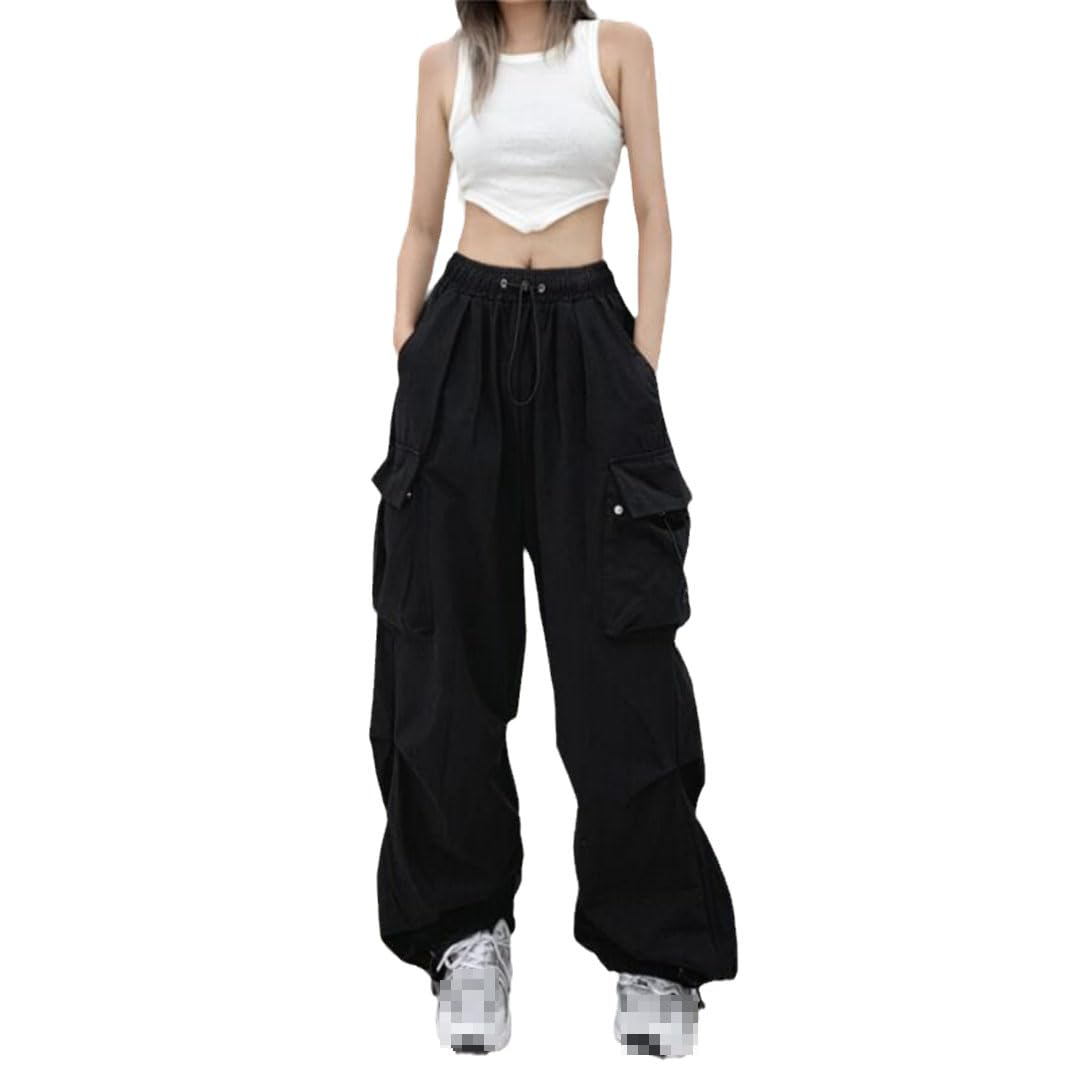 Ownwfeat Women Oversize Cargo Pants Elastic Waist Casual Wide Leg Pants Black L