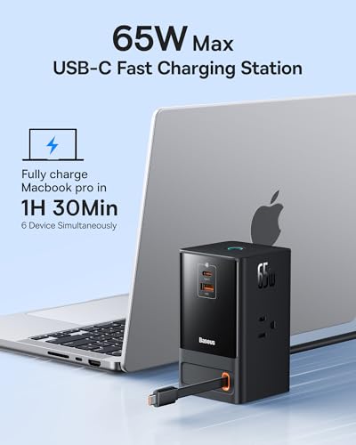 Baseus 6-in-1 65W Charging Station with Retractable USB-C Cable, Power Combo USB C Power Strip for Multiple Devices, Fast Charger for iPhone, MacBook, Samsung, PS5 for Home/Office/Dorm/Travel - Image 4