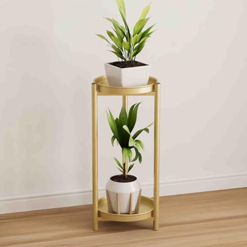Moderna mesa auxiliar de 2 niveles con bandeja extraíble, soporte de metal para plantas para dormitorio o sala de estar, mesita de noche pequeña para uso en interiores o exteriores, color amarillo, 25