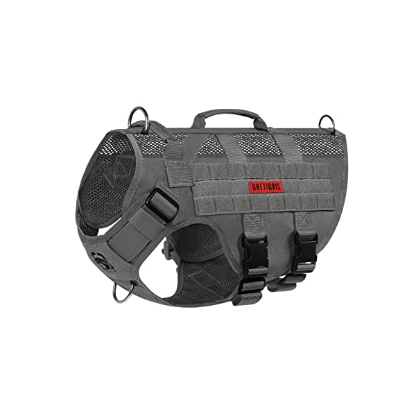 OneTigris Harnais pour Chien, Aire Mesh Tactique Harnais, Harnais Réglable pour Chiens Adapté aux Chiens de Taille Moyenne/Grande, avec Deux Poignées Confortables – Gris S