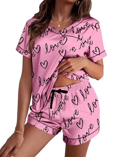 Image of Ekouaer Silk Pajama for Women Short Sleeve Satin Pj Set Two Piece Soft Sleepwear Loungewear S-XXL