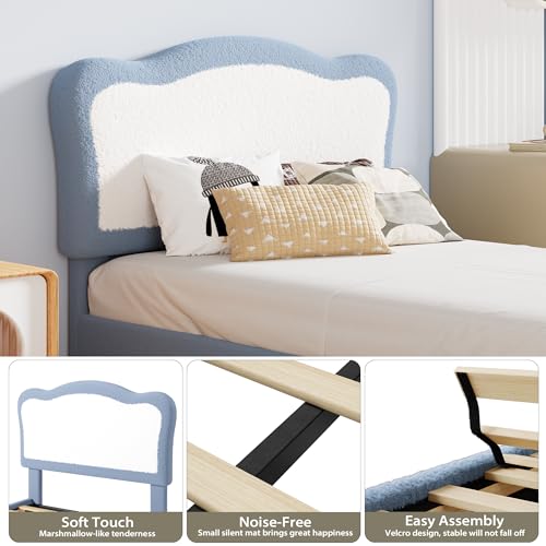 GarveeHome Upholstered Twin Bed Frame for Kids with Scallop Headboard, Cute Velvet Twin Bed for Girls, Boys, Sturdy Platform Bed, No Box Spring Needed, Wooden Slats, Noise Free, Blue White
