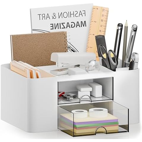 CasaCulina Desk Organizer with 2 Drawer, Multi-Functional Pencil Pen Holder for Desk, Plastic Desk Organizers and Storage with 5 Compartments, Desktop Organizer for School Office Art Supplies (White) Cover