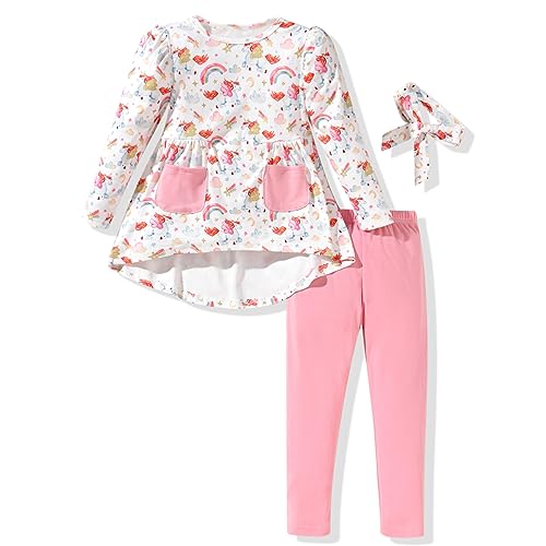 Image of Toddler Girls Long Sleeve Hi-Lo Tops Pant Outfit Fall Winter Clothes with Headband