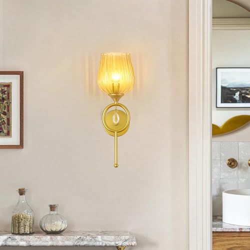 Image of WHITERAY Modern Gold Wall Lamp with Elegant Glass Shade and Crystal Accent, Decorative Wall Sconce for Bedroom, Living Room, Hallway, Dining Room, Hotels and Stylish Home Interior Light (with Bulb)